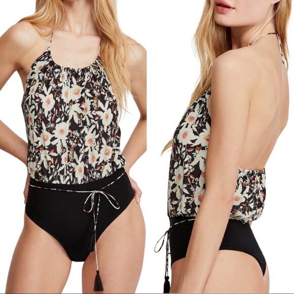 Free People Intimately Black & White Floral Halter Liza Bodysuit Size Medium - Picture 1 of 12